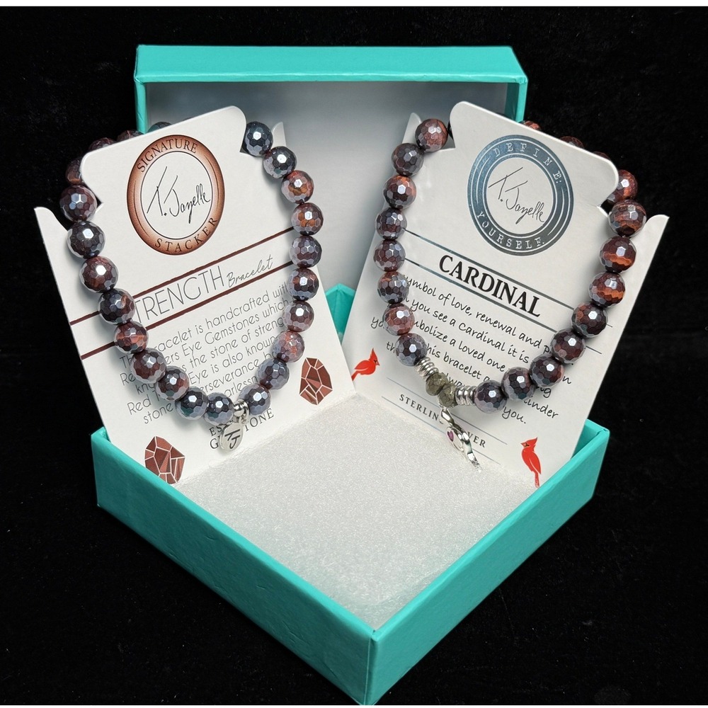 T. Jazelle Red Tigers Eye Strength & Cardinal Bracelet Set: Sterling Silver, NEW
